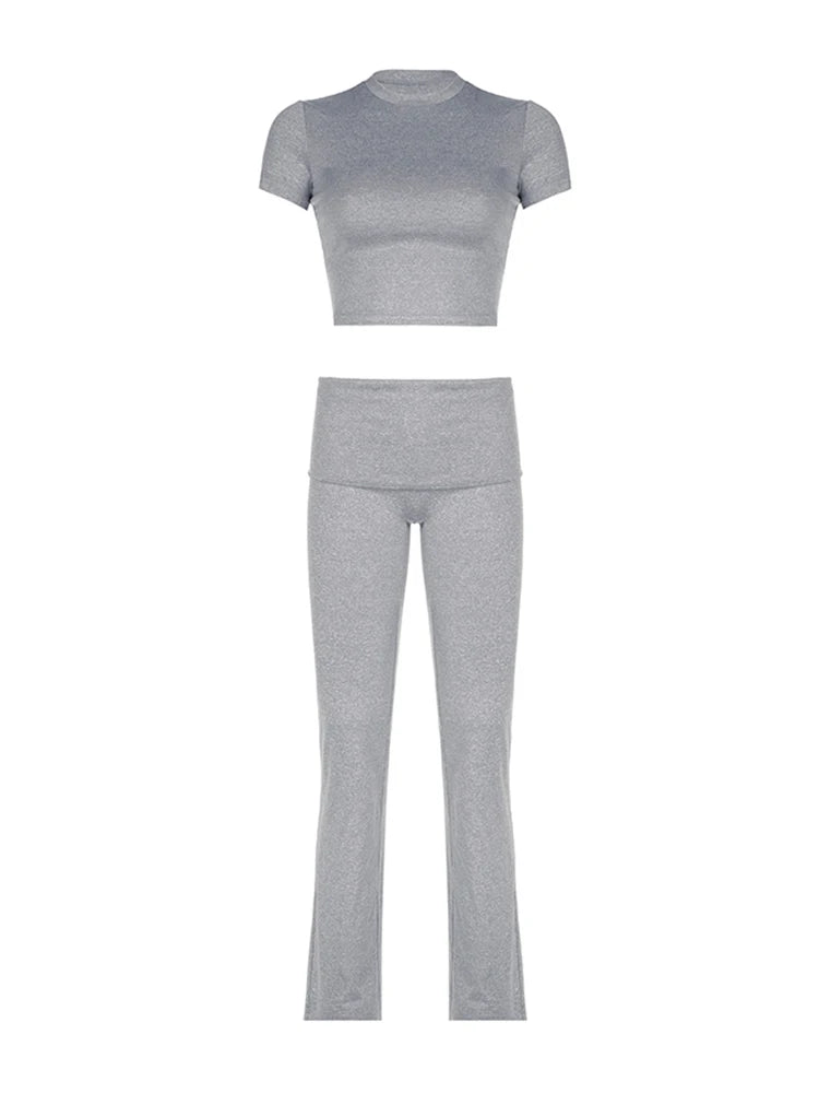 Gray Solid Slim Basic Sports Sexy 2 Pieces Yoga Sets Women O Neck Short Sleeve Tee & Chic Low Waist Skinny Pants Tracksuit S-XL