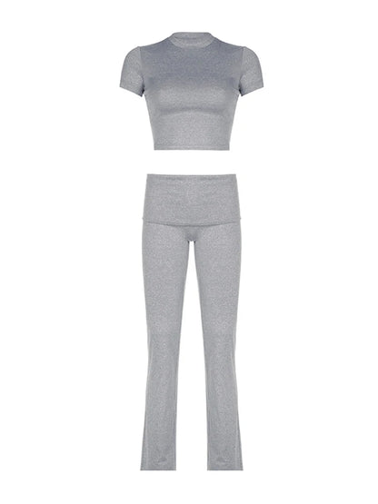 Gray Solid Slim Basic Sports Sexy 2 Pieces Yoga Sets Women O Neck Short Sleeve Tee & Chic Low Waist Skinny Pants Tracksuit S-XL