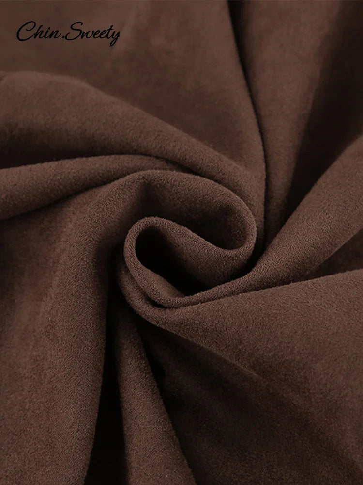 Vintage Suede Brown Skirts Women Fashion Pleated Slim Zipper Office Lady Skirts  Elegant Female High Waist Party Wear New