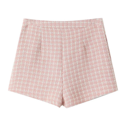 2 pieces 1 Set  French Style Retro Pink Plaid Woven Tweed Blazer + High Waist Mini Shorts Pants Suits