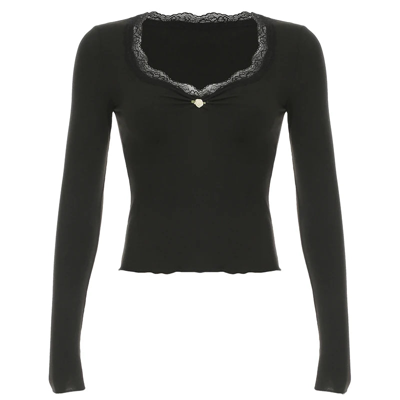 Solid Ruched Lace Trim Square Collar T-Shirt Women Slim Long Sleeve Hotsweet Retro Autumn New Top Tees Chic