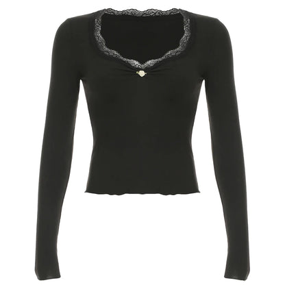 Solid Ruched Lace Trim Square Collar T-Shirt Women Slim Long Sleeve Hotsweet Retro Autumn New Top Tees Chic