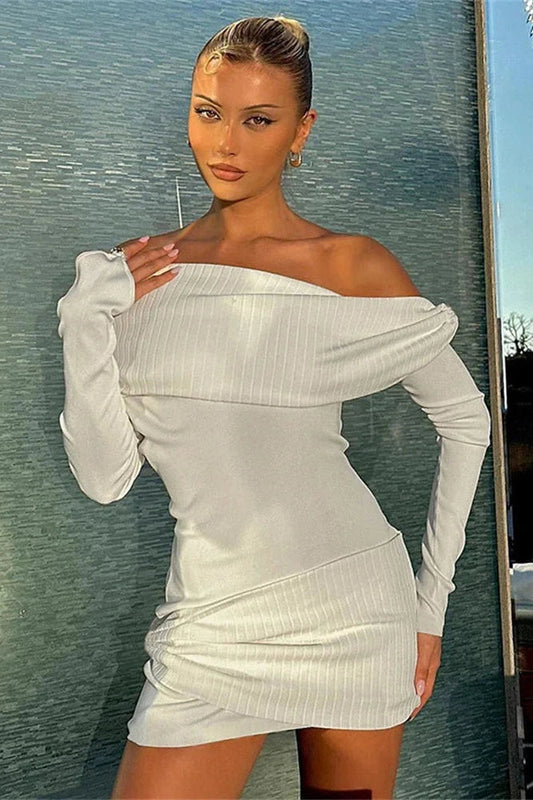 Off-Shoulder Pleated Long Sleeve Mini Dress