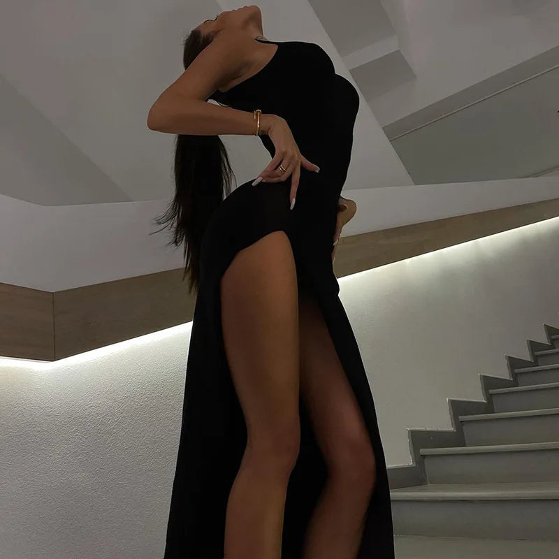 new y2k Europe and the United States cross-border fashion round neck sleeveless slim-fit slit MIDI dress women