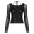 Stylish Cut Out Front Black Sexy Top for Women Mesh Long Sleeve V-neck Halter T-shirt Autumn Vintage Fitted Tees