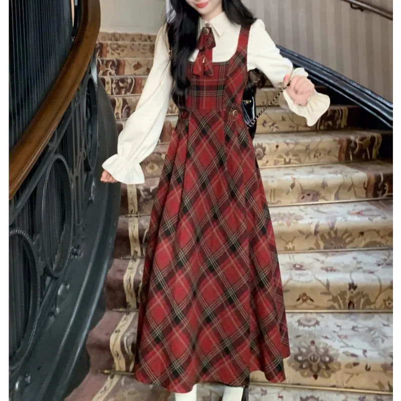 French Vintage Two-piece Dress Set Women Flare Sleeve Shirt Red Plaid Strap Dress A-line Autumn Winter New Christmas Party Dress