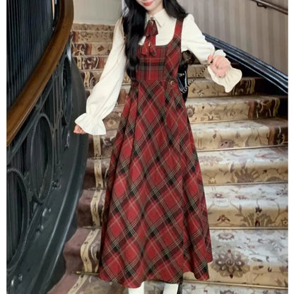 French Vintage Two-piece Dress Set Women Flare Sleeve Shirt Red Plaid Strap Dress A-line Autumn Winter New Christmas Party Dress