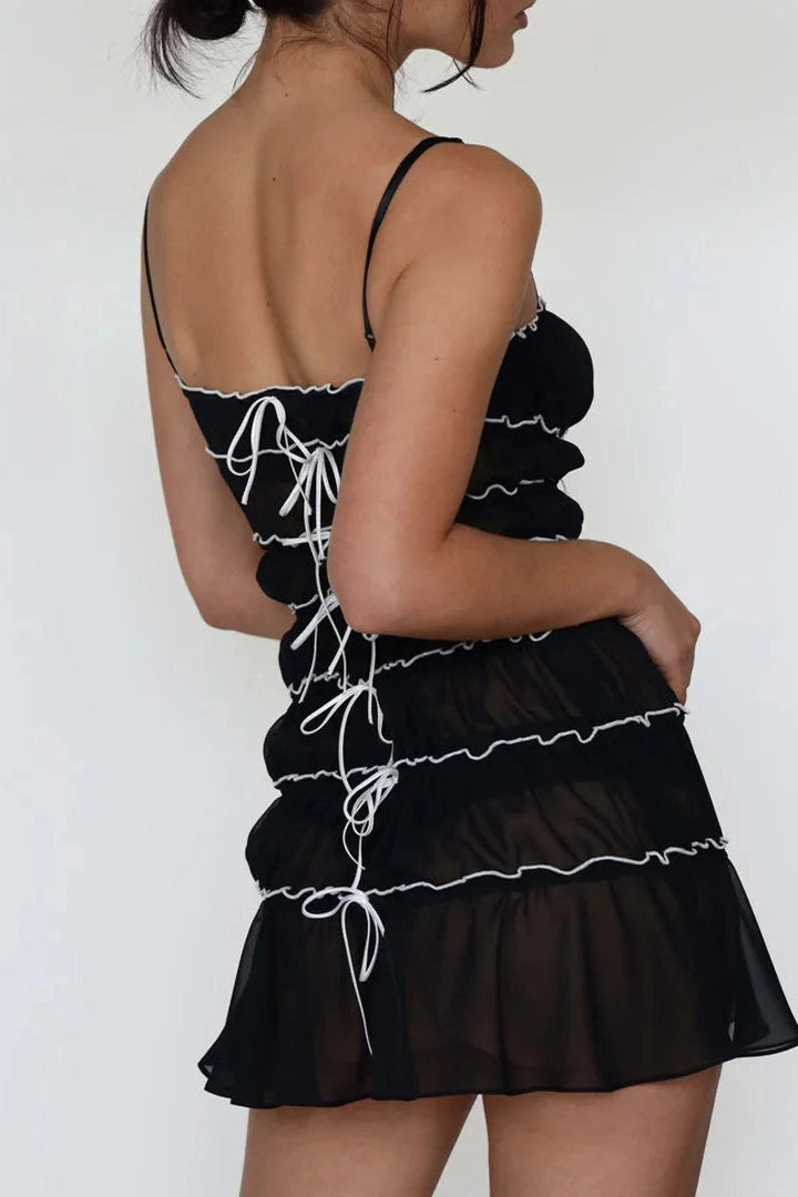 Pleated Mini Dress with Spaghetti Straps and See-Through Detail