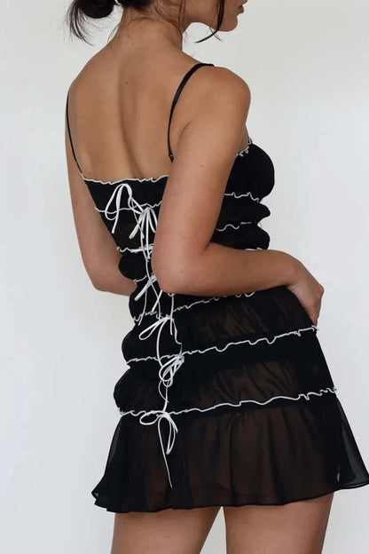 Pleated Mini Dress with Spaghetti Straps and See-Through Detail