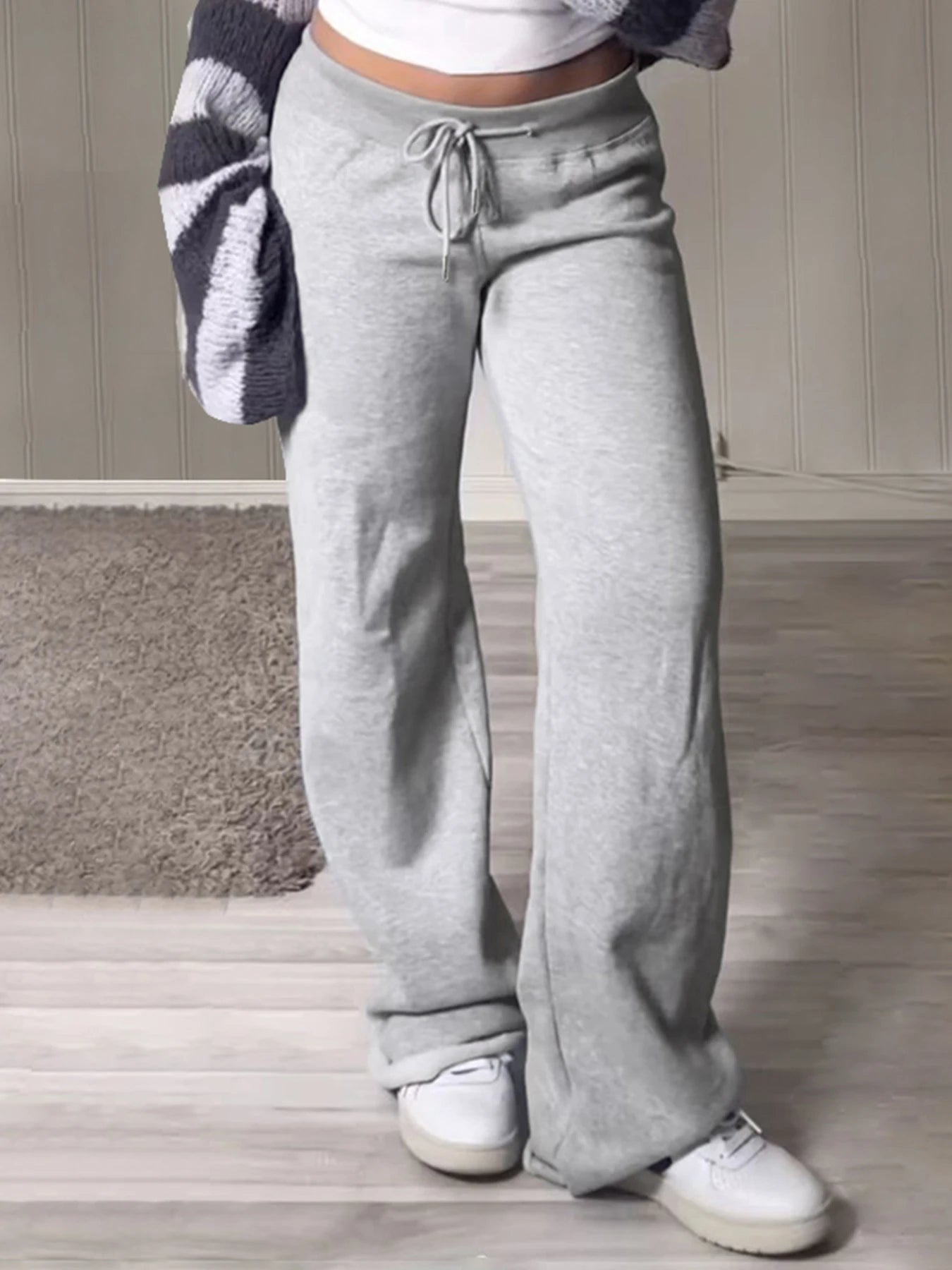 Pockets Drawstring High Waist Casual Loose Sweatpants For Women Gray Solid Basic Simple Straight Leg Pants Jogging Trousers