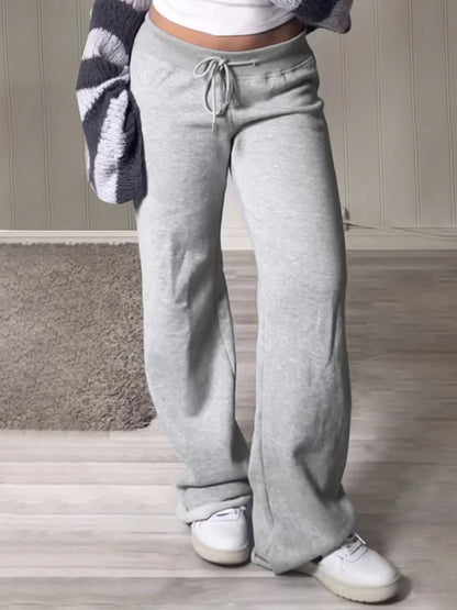 Pockets Drawstring High Waist Casual Loose Sweatpants For Women Gray Solid Basic Simple Straight Leg Pants Jogging Trousers