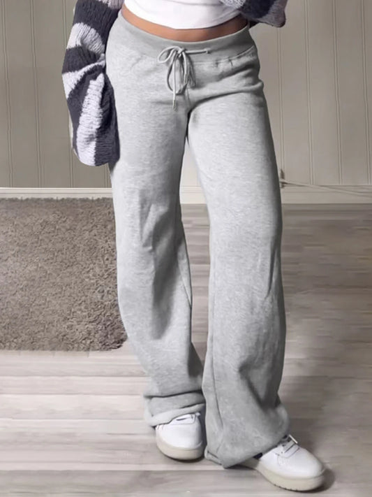 Pockets Drawstring High Waist Casual Loose Sweatpants For Women Gray Solid Basic Simple Straight Leg Pants Jogging Trousers