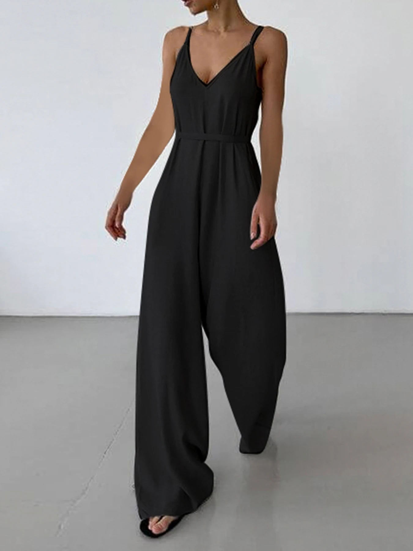Sleeveless V Neck Loose Casual Black Boho Jumpsuits For Women Backless Vacation Wide Leg Rompers Womens Spaghetti Strap Overalls