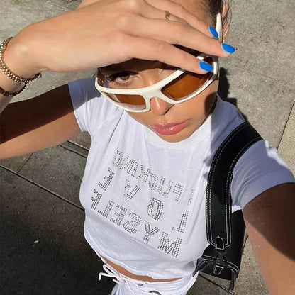 Summer European and American style short sleeved T-shirt with letter hot diamond top, t-shirt with slim fit inside for women