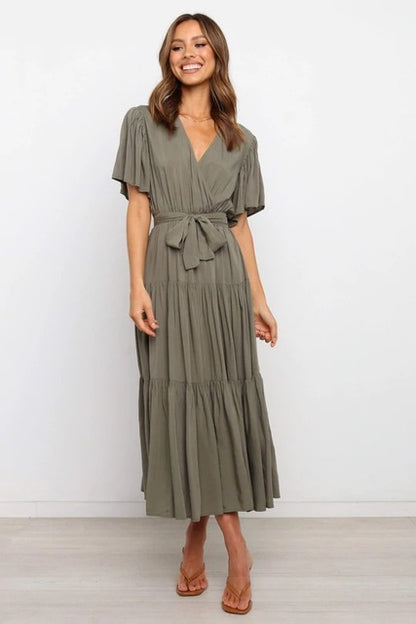 Trendy Solid Color Ruffles Long Dresses Women Sexy V-neck Ruffle Sleeves Leace-up Temperament Elegant Lady Dress 2025 Summer New