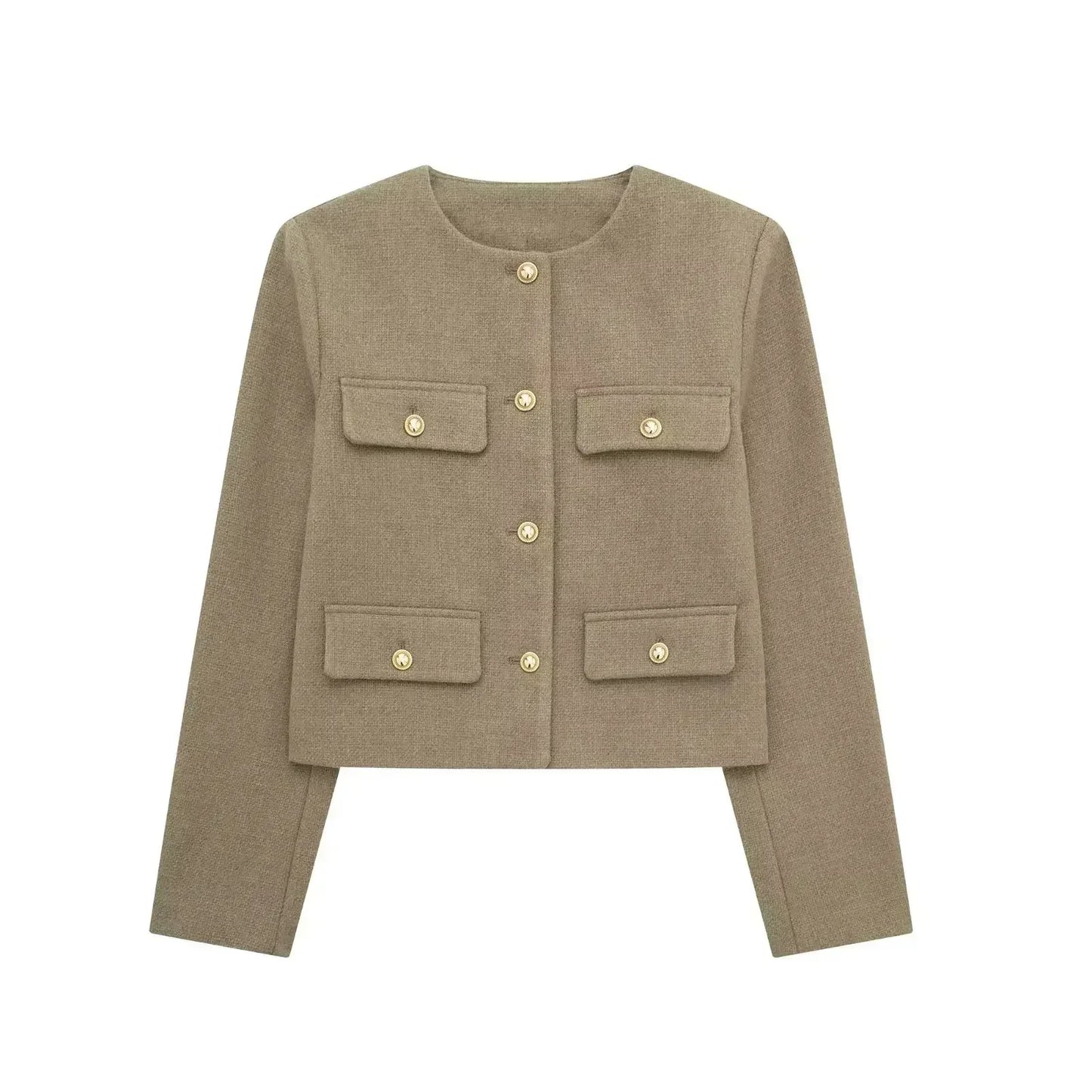Elegant Solid Button Fake Pocket Jacket Women's Fashion O-neck Long Sleeve Single Breasted Cropped Coats New Lady Chic Outerwear