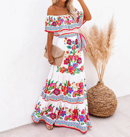 Flower Print Off Shoulder Long Dresses For Women Spring Summer New Fashion Temperament High Waist Leace-up Dress Female Vestidos