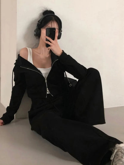 Korean Fashion Streetwear 2-piece Pants Set Women Tracksuit Autumn New Hooded Zip-up Crop Top Long Pants Casual Solid Outfits
