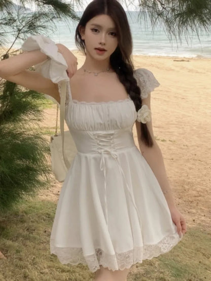 Y2K Lace Princess Party Dress Sexy Spaghetti Strap Square Collar Ruffles A-line Short Dresses for Women Prom Summer Mini Vestido