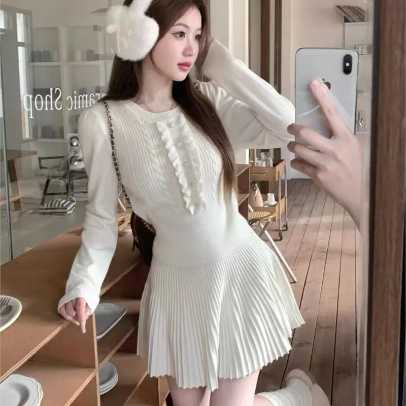 Autumn Preppy Style Knitted 2-piece Sets Women O-neck Long Sleeve Top Pleated Mini Skirt Korean Fashion Casual Outfits New Suit