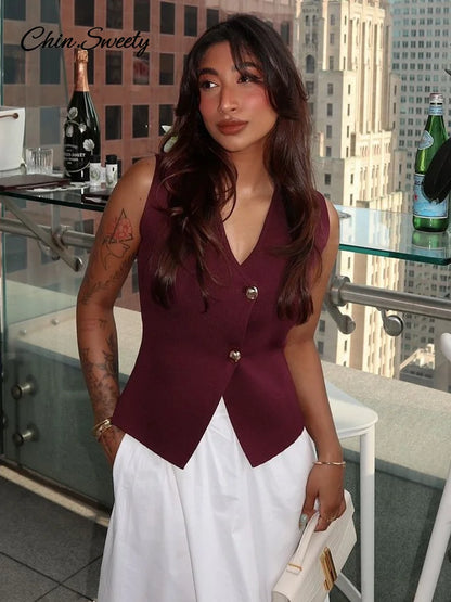 Fashion Single Breasted Knitted Vest Top Women Wine Red V-Neck Sleeveless Sweater Tank Female  Autumn Chic Lady Knitwear New