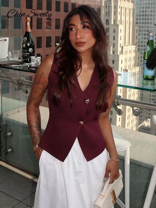 Fashion Single Breasted Knitted Vest Top Women Wine Red V-Neck Sleeveless Sweater Tank Female  Autumn Chic Lady Knitwear New