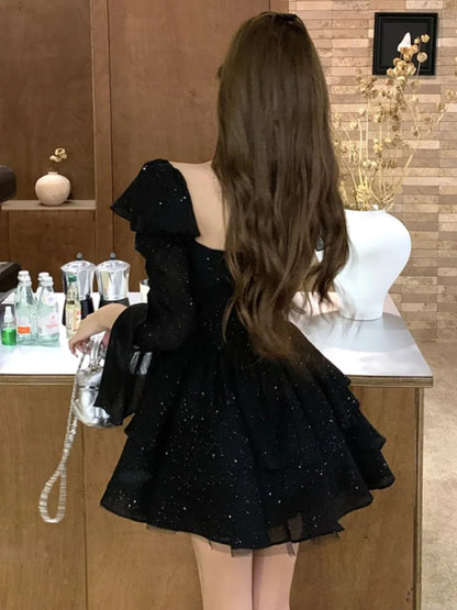 Y2K Black Short Dresses for Women Diamonds Square Collar Flare Sleeve High Waist A-line Birtheday Party Dress Prom Mini Vestidos
