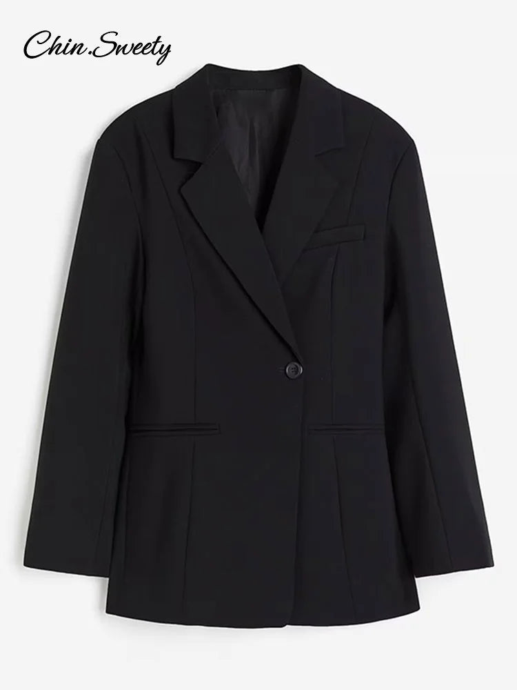 Elegant Metal Button Blazer Suit Women Slim V Neck Long Sleeve Fake Pocket Jacket  Autumn Shoulder Pads Office Lady Outwear
