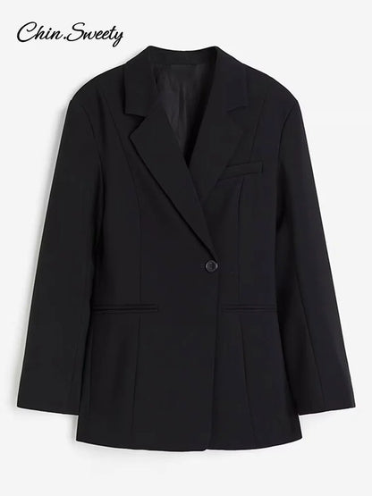 Elegant Metal Button Blazer Suit Women Slim V Neck Long Sleeve Fake Pocket Jacket  Autumn Shoulder Pads Office Lady Outwear