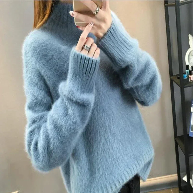 Winter Mink Faux Cashmere Thick Sweater Women Jumper White Pull Femme Loose Pullover Knitted Fluffy Sweaters For Women Winter