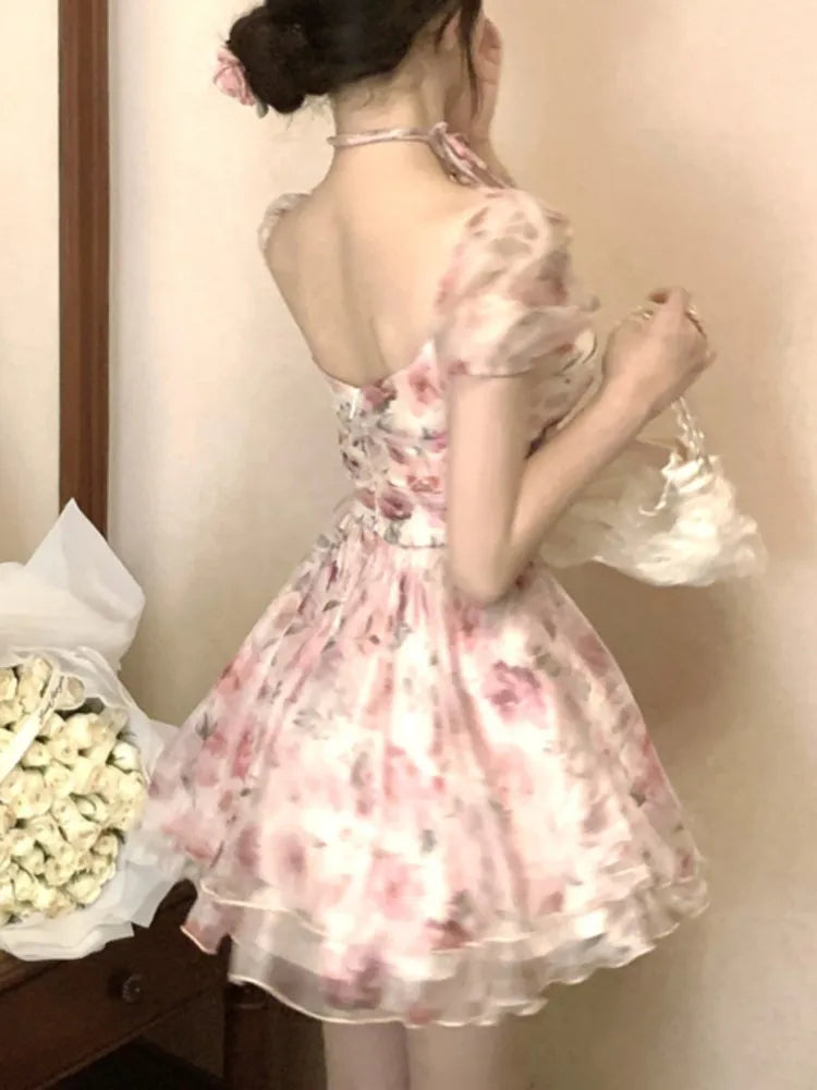 Elegant Princess Floral Short Dresses for Women Y2K Puff Sleeve Backless Printed Ruffles A-line Korean Fashion One Piece Vestido