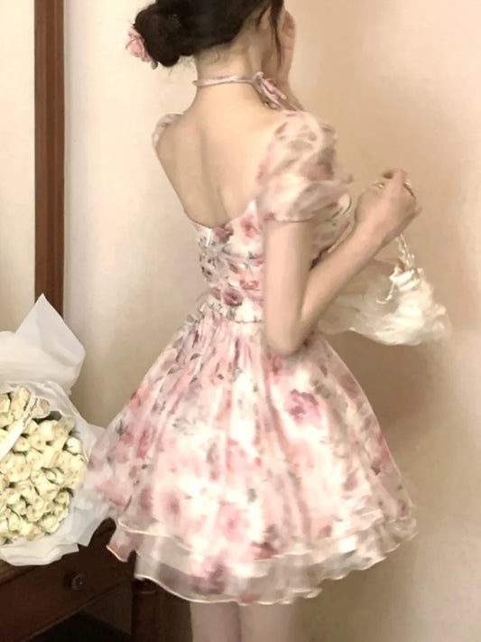 Elegant Princess Floral Short Dresses for Women Y2K Puff Sleeve Backless Printed Ruffles A-line Korean Fashion One Piece Vestido