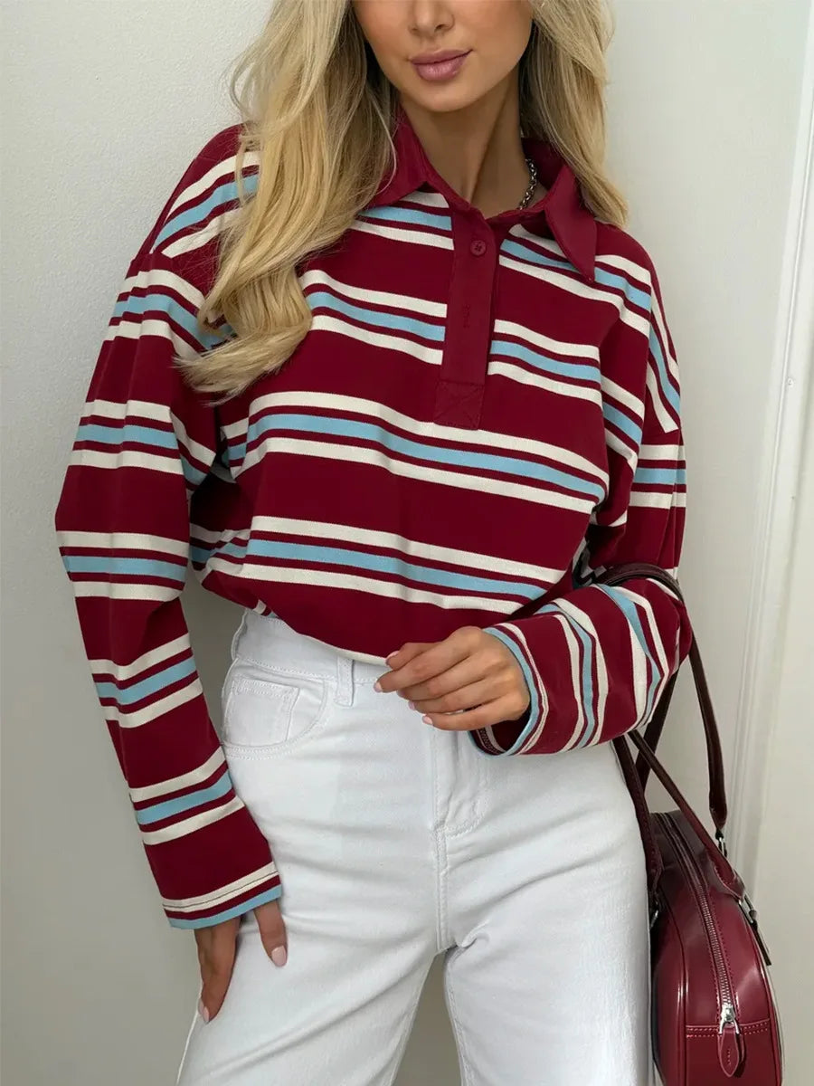 Spring Summer New Women's Retro Striped Polo Collar Oversized Long Sleeve T - Shirt Trendy Casual Loose Basic Top