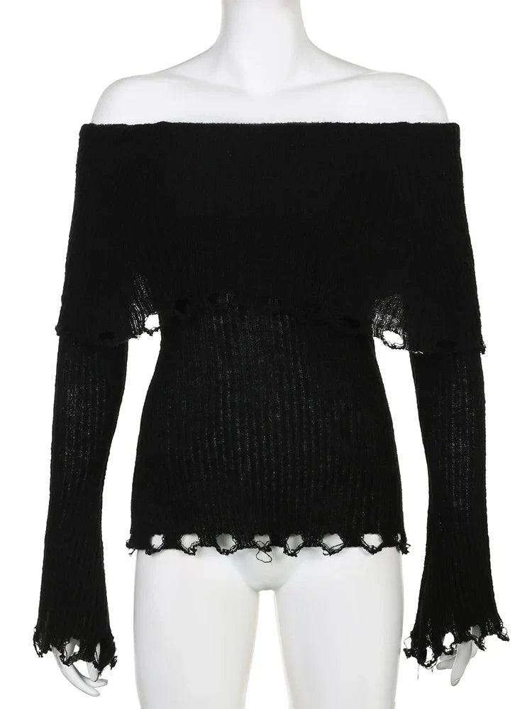 Voguable Grunge Fairycore Off Shoulders Ripped Sweaters Slash Neck Goth Jumper Tops Y2K Dark Academic Pullover