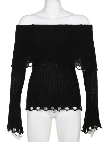 Voguable Grunge Fairycore Off Shoulders Ripped Sweaters Slash Neck Goth Jumper Tops Y2K Dark Academic Pullover