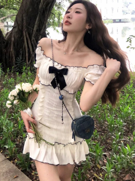 Y2K Ruffles Short Dresses for Women Slim Off Shoulder Puff Sleeve Birthday Party Dress Korean Fashion Summer New Vestidos Mujer