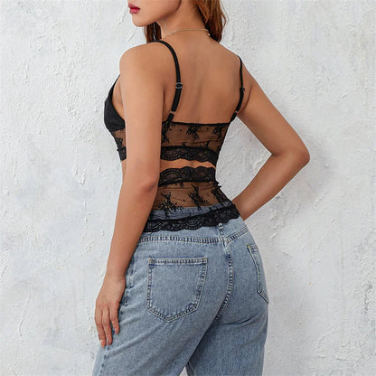 y2k Lace Crop Top See Through Spaghetti Strapless Sleeveless Cut Out Tanks 2000s Aesthetic Clothes Streetwear