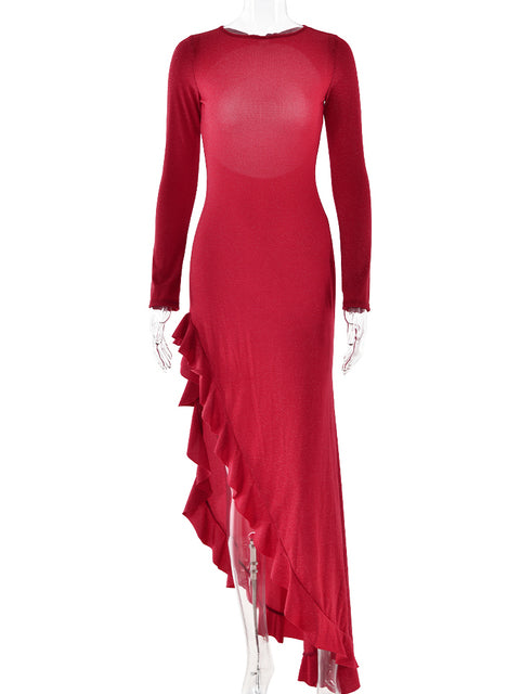 Elegant Long Sleeved Irregular Dress Women High Elasticity Tight Sexy Backless Evening Dress Slim Party Club Vestido