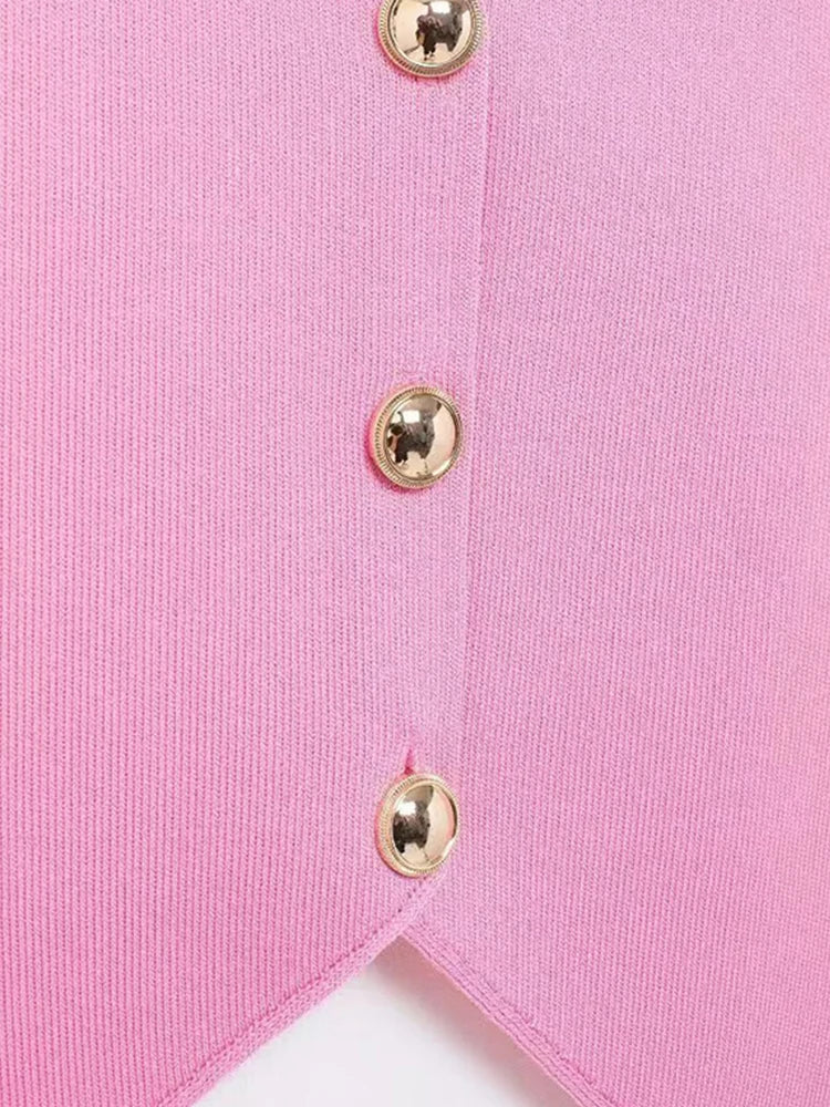 Elegant Knit Short Vest for Women V Neck Single Breasted Sleeveless Waistcoat Pink Top Female  New Lady Classic Streetwear
