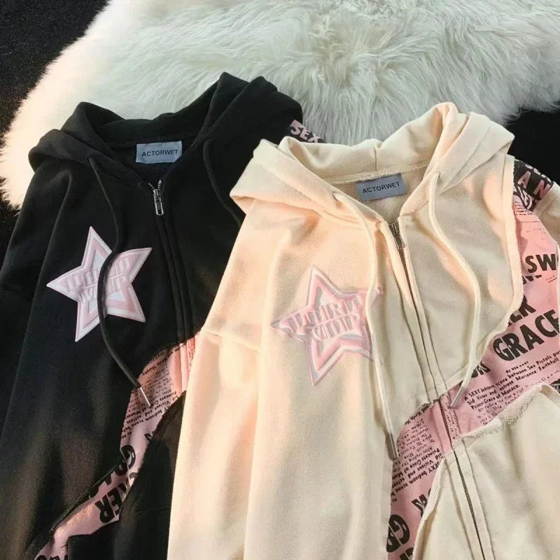Harajuku Vintage Zip Up Hoodies Y2K Hip Hop Letter Print Sweatshirts Gothic Streetwear Loose Patchwork Tops Hip Hop Coats