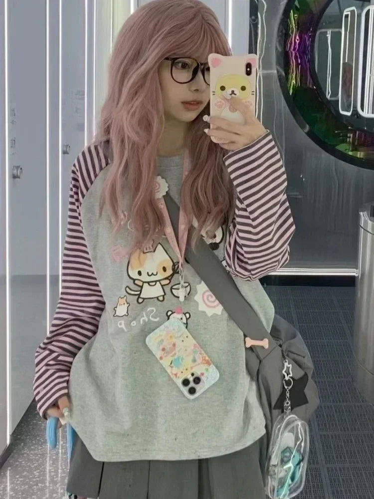 Harajuku Stripe T Shirt E-girl Kawaii Chinese Panda Graphic T-shirts Women Cutecore Cartoon Raglan Sleeve Clothes Autumn