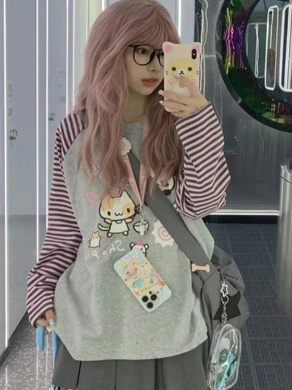 Harajuku Stripe T Shirt E-girl Kawaii Chinese Panda Graphic T-shirts Women Cutecore Cartoon Raglan Sleeve Clothes Autumn