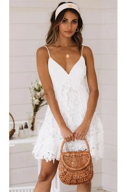 Deep V-Neck Backless Mini Dress with Spaghetti Straps and Hollow Out Detail