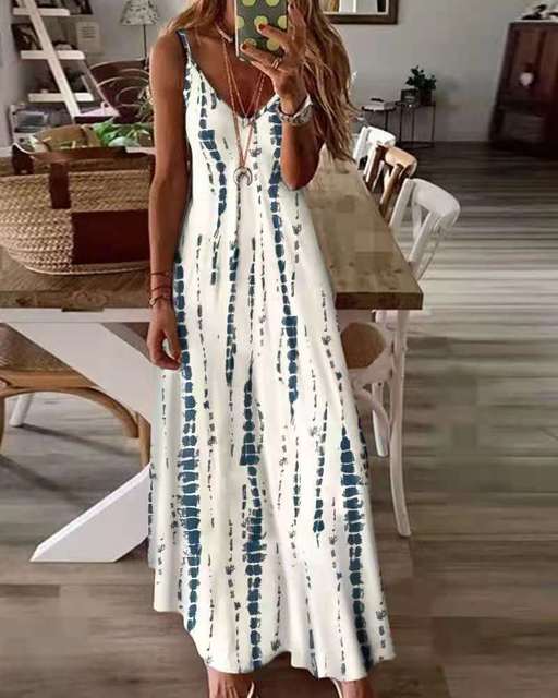 Casual Printed Maxi Spaghetti Strap Dresses For Women V-neck Backless A-line Long Dress Fashion Bohemian Style Beach Vestidos