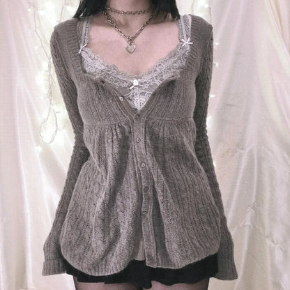 Vintage Babydoll Tops Pullovers Lady Aesthetic Coquette Knit Sweaters Outfit Square Neck Long Sleeve Knitwear Jumpers Y2k