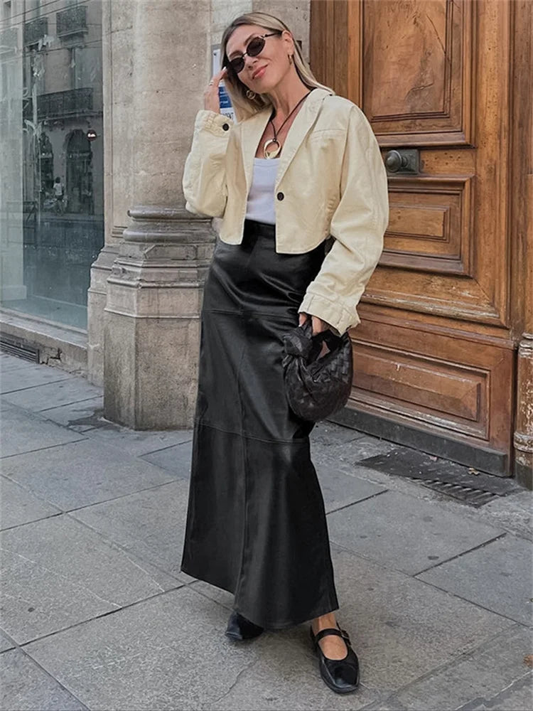 Black PU High Waist Long Skirt For Women Patchwork Casual Commute Slim Autumn Plaid Skirt Fashion Female Maxi Skirt