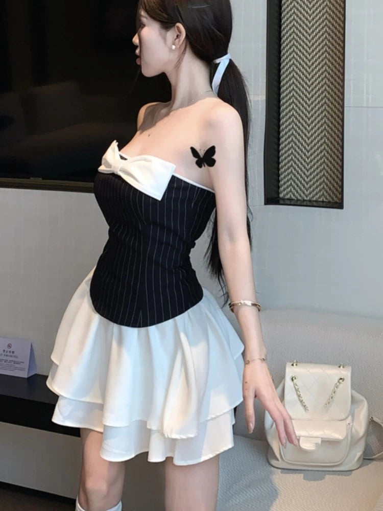 Sexy Striped Patchwork Short Dresses for Women Strapless Layered Ruffles A-line Bow Birthday Party Dress Korean Fashion Vestido