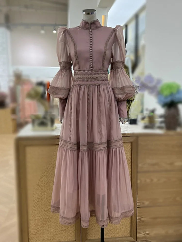 Elegant Long Dress Fairy Style Stand Up Collar Lantern Sleeves Splicing Waist Fashion Dresses Women 2025 Spring Autumn 1351