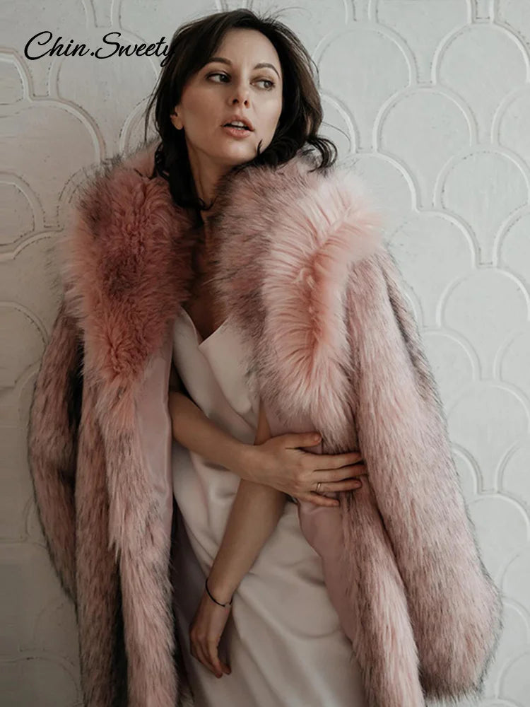 Winter Faux Fur Long Coat For Women Fashion Full Sleeve Fur Collar Oversize Female Jacket  New Elegant Thick Warm Outwear