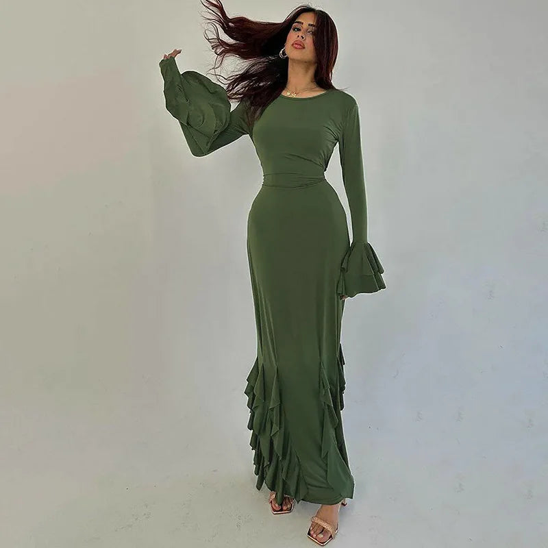 O Neck Knit Ribbed Long Sleeve Ruffles Women’S Dresses Elegant Evening Manufacturer Casual Y2K Prom Ladies Dress